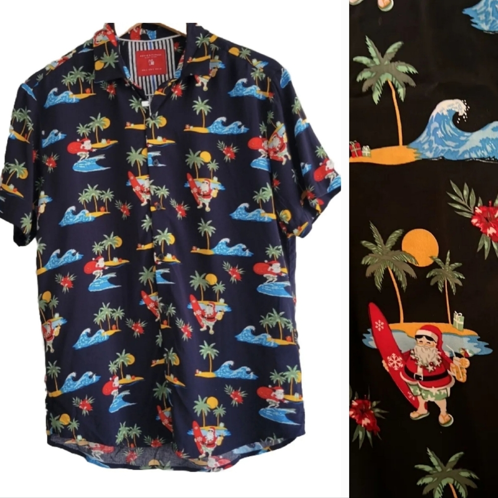 Denim & Flower Ricky Singh SURFING SANTA Hawaiian Aloha Shirt Navy Large NEW